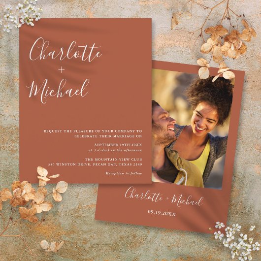 お手頃なテラコッタの写真付きウェディング招待状