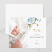 お手頃なバプテスマの青い花の写真の男の子の感謝カード (正面/裏面)