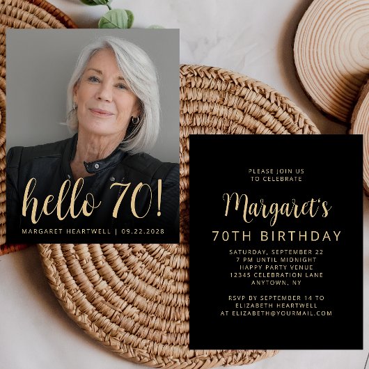 お手頃な写真のハロー70歳の誕生日パーティーの招待状