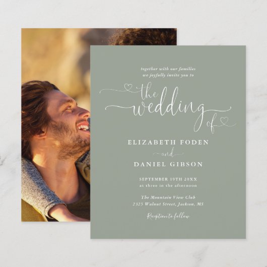 お手頃な写真付きサググリーンハートのウェディング招待状 (正面/裏面)