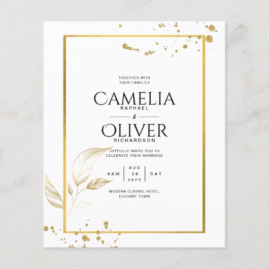 お手頃な写真付き結婚式招待状 クラシックホワイト ゴールド チラシ (正面)