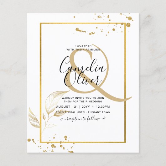 お手頃な写真結婚式招待状 クラシックホワイト ゴールド チラシ (正面)