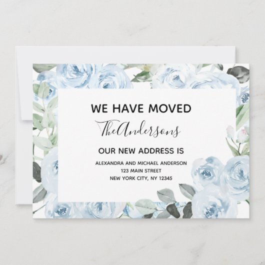 お手頃価格のほこりっぽい青い花の移動のお知らせ 招待状 (正面)