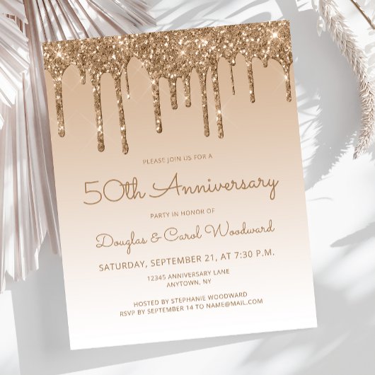 お手頃価格のグリッターゴールド 50周年 誕生日招待状