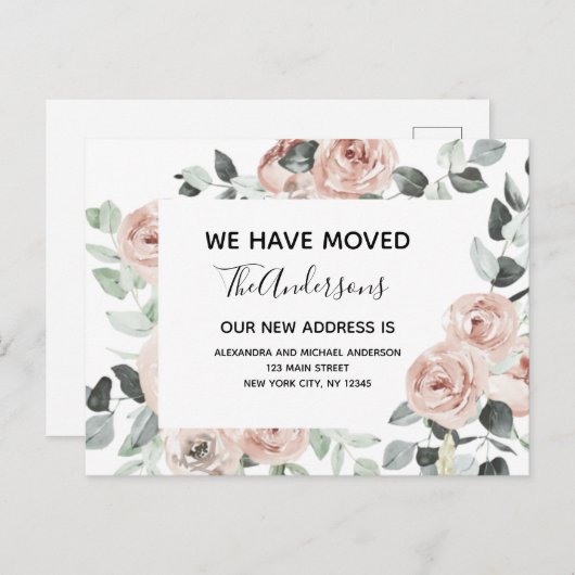 お手頃価格のダスティピンク フラワー 引越お知らせ ポストカード (正面/裏面)