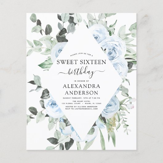 お手頃価格のダスティーブルー スイート16 バースデーパーティー チラシ (正面)