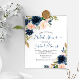 お手頃価格のネイビー&ピンクの花柄 ブライダルシャワー招待状