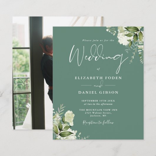 お手頃価格のユーカリグリーン写真ウェディング招待状 (正面/裏面)