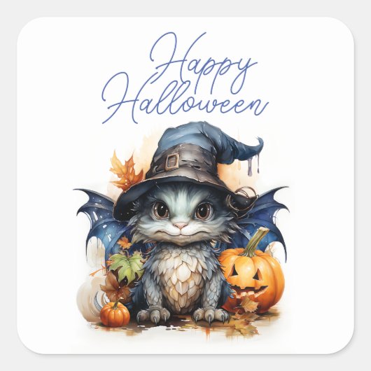 お手頃価格の子供用水彩画 ベイビードラゴン ハロウィン スクエアシール (正面)