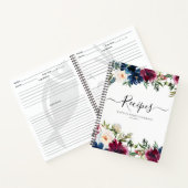 お手頃価格の花柄 ネイビーブルー ワインレッド 水彩画風 レシピ帳 ノートブック (内部)