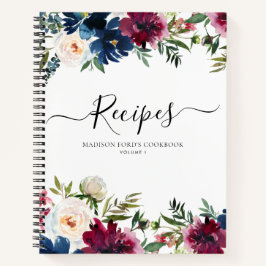 お手頃価格の花柄 ネイビーブルー ワインレッド 水彩画 レシピ ノートブック