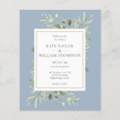 お手頃価格の葉っぱのデザイン ダスティーブルーの結婚式の写真招待状 (正面)
