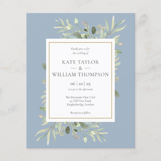 お手頃価格の葉っぱのデザイン ダスティーブルーの結婚式の写真招待状 (正面)
