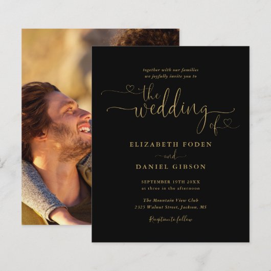 お手頃 フォト ゴールド ハーツ スクリプト 結婚式招待状 (正面/裏面)