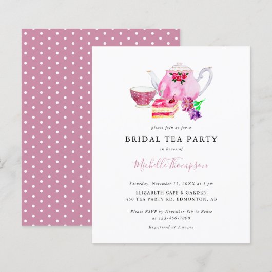 お手頃 ブライダル シャワー ティーパーティー ピンク ティーポット スクリプト (正面/裏面)