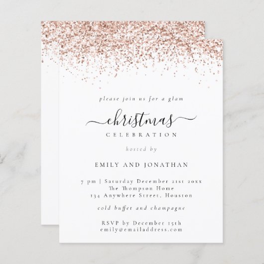 お手頃 ローズゴールド グリッター クリスマスパーティ 招待状 (正面/裏面)