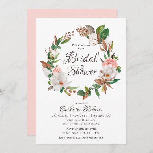 お手頃 水彩 ピンク 緑 花の ブライダル シャワー 招待状 (正面/裏面)