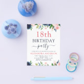 お手頃 18歳の誕生日 ネイビーブルー ブラッシュピンク 花 チラシ (シングル)