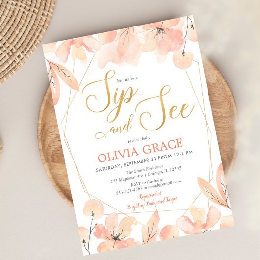 お披露目ベビーガール、ソフトピンクゴールドエレガント 招待状