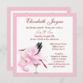 お披露目&ベビーシャワー ピンクのベビーシャワー コウテイペンギンが赤ちゃんを運んでる 招待状 (正面/裏面)