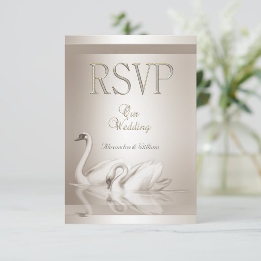 お招き状 エレガントな結婚式のアヒル ダマスク クリーム ホワイト 出欠カード (スタンド正面)