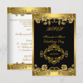 お招き状 エレガント ウェディング オルネイト フローラル ブラック ゴールド 出欠カード (正面/裏面)