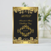 お招き状 エレガント ウェディング オーナメント フラワー ブラック ゴールド 出欠カード (スタンド正面)