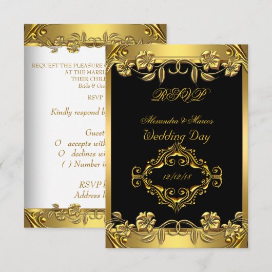 お招き状 エレガント ウェディング オーナメント フラワー ブラック ゴールド 出欠カード (正面/裏面)