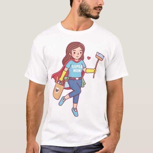 お掃除道具と食料品を持ったキュートなスーパーママ F Tシャツ (正面)