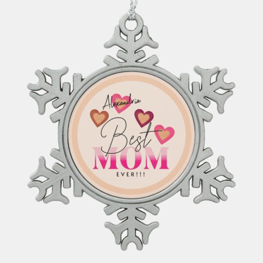 お最高の母さん今までピンクのハートは素敵モダン スノーフレークピューターオーナメント (正面)