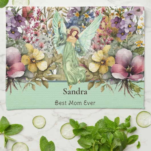 お最高の母さん今まで、天使と野花のフローラ キッチンタオル (折り畳み)