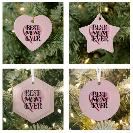 お最高の母さん花とピンクのハート セラミックオーナメント