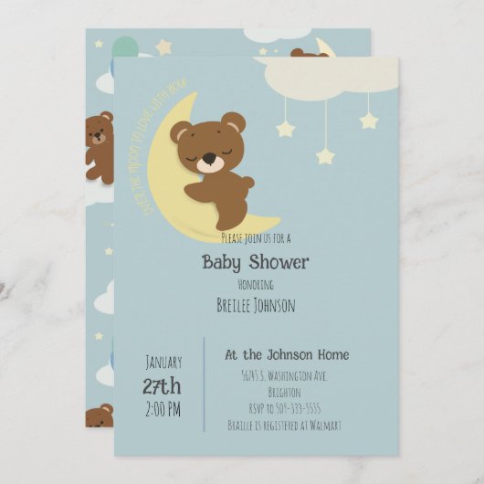 お月さまとクマの赤ちゃんのお祝い招待状 (正面/裏面)