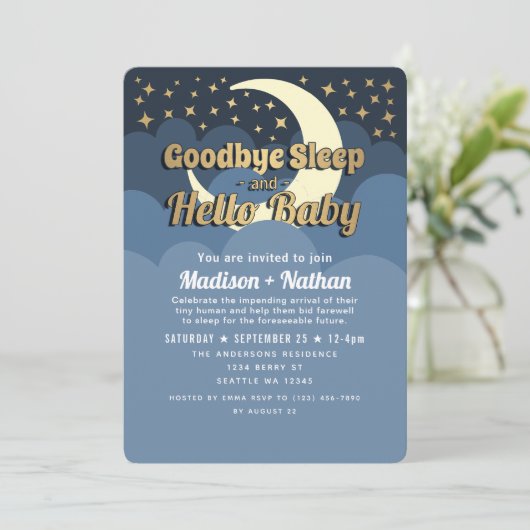お月さまと星の別れの睡眠 赤ちゃんのおしゃれなベビーシャワー 招待状 (スタンド正面)
