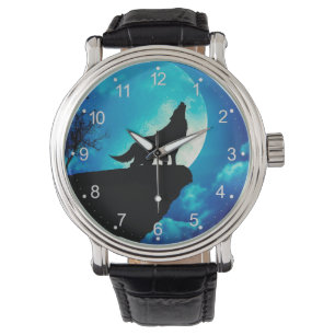お月さまに向かって遠吠えする狼 腕時計