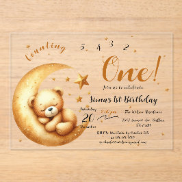 お月様で眠るかわいい赤ちゃんクマの1歳誕生日 アクリル招待状