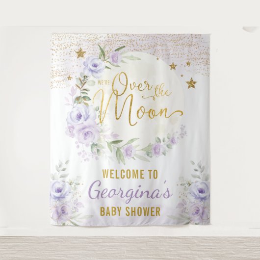 お月様と星のプリント 紫の花の女の子のウェルカム タペストリー (正面)