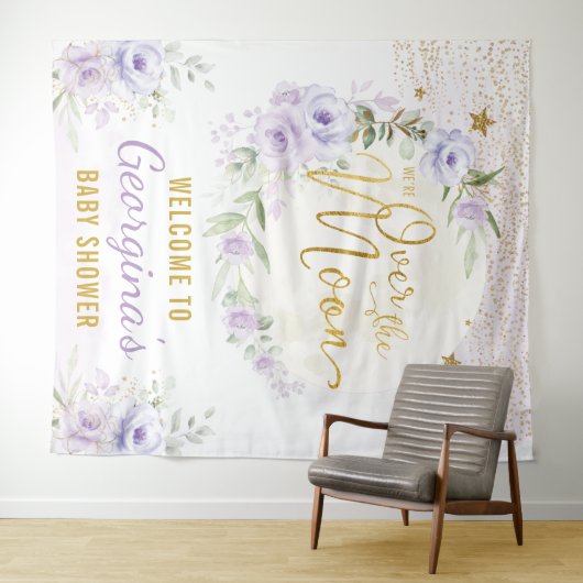 お月様と星の紫の花の女の子の歓迎 タペストリー (インサイチュ(横))