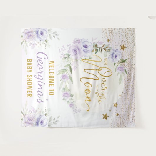 お月様と星の紫の花の女の子の歓迎 タペストリー (正面(横))