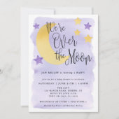 お月様と水彩、パープルのベビーシャワー 招待状 (正面)