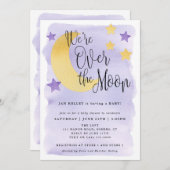 お月様と水彩、パープルのベビーシャワー 招待状 (正面/裏面)