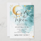 お月様と金色の星の青いベイビーシャワー 招待状 (正面)