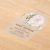 お月様のピンクの花のアーチベイビーシャワー アクリル招待状 (レイダウン)