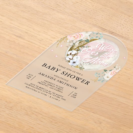 お月様のピンクの花のアーチベイビーシャワー アクリル招待状 (レイダウン)