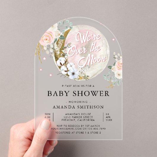 お月様のピンクの花のアーチベイビーシャワー アクリル招待状 (インサイチュ (ポータブル))