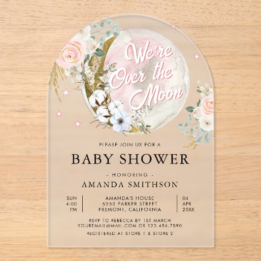 お月様のピンクの花のアーチベイビーシャワー アクリル招待状 (正面)