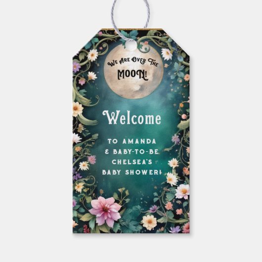 お月様のピンクの花の夜の赤ちゃんの女の子 ギフトタグ (正面)