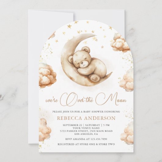 お月様の上で眠るニュートラルなテディベアの赤ちゃんのお迎えパーティー 招待状 (正面)