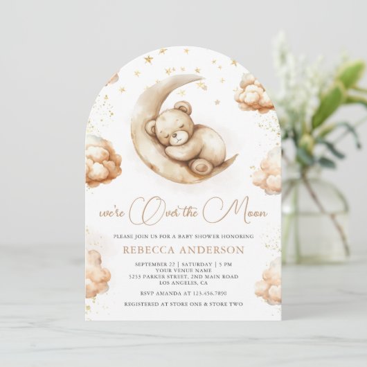 お月様の上で眠るニュートラルなテディベアの赤ちゃんのお迎えパーティー 招待状 (スタンド正面)