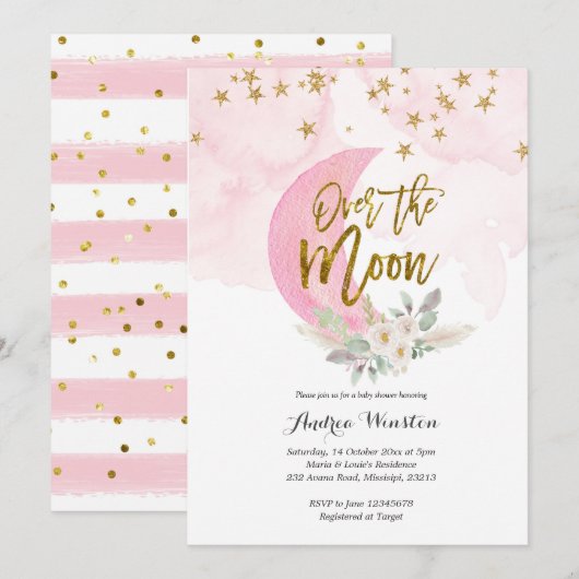 お月様をキャッチ!ピンクのベビーシャワーの招待状 招待状 (正面/裏面)